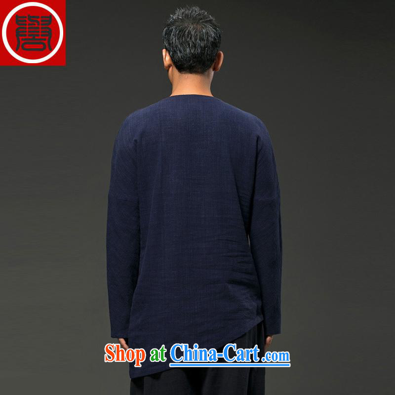 Internationally renowned 2015 China wind spring, men's linen personalized long-sleeved T 桖 loose Chinese men's Spring and Autumn Chinese men's T-shirt blue movement (XXXL), internationally renowned (CHIYU), online shopping