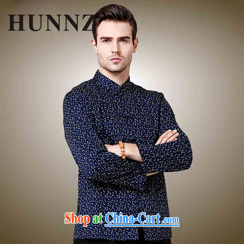 Products HUNNZ new and stylish small floral men's shirts classical Chinese style Chinese Long-Sleeve Chinese shirt dark blue 185