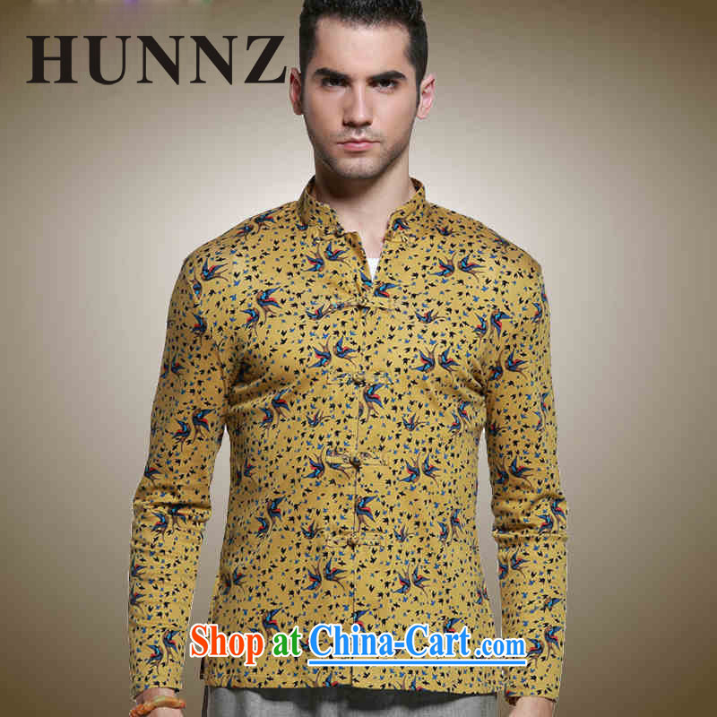 Products HUNNZ classical Chinese style men's Chinese, for the charge-back Chinese shirt and stylish small floral long-sleeved T-shirt yellow 185, HUNNZ, shopping on the Internet