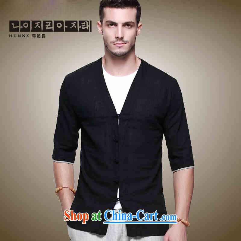 Products HANNIZI Han-linen men's Chinese classical Chinese style beauty-buckle T-shirt sexy V for men and black 185