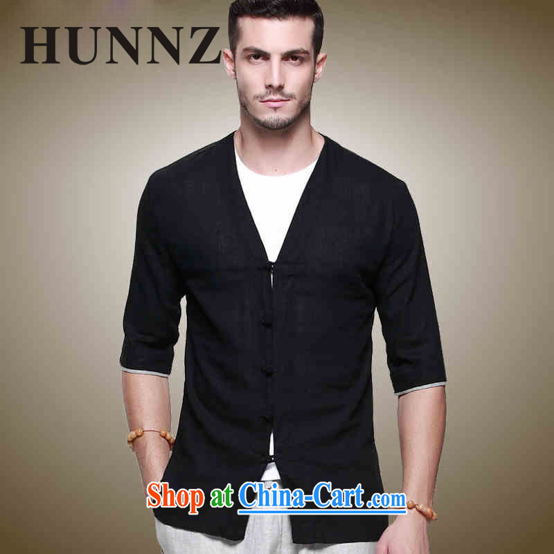 Products HUNNZ Han-linen men's Chinese classical Chinese style beauty-buckle T-shirt sexy V for men and black 185, HUNNZ, shopping on the Internet