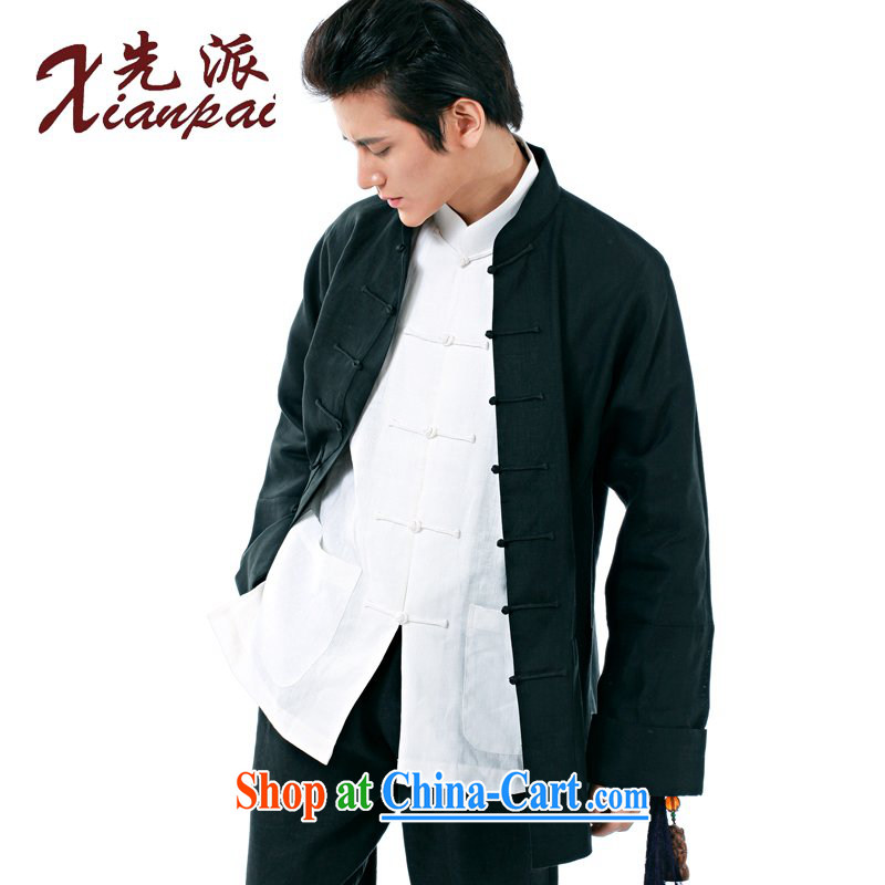 To send new spring and summer Chinese men and Chinese linen long-sleeved T-shirt and stylish tray snap jacket, coat on Father's Day Gift retro-cuff Ethnic Wind leisure loose XL Black linen long-sleeved, Yi 4 XL take 3 Day Shipping, first (xianpai), online