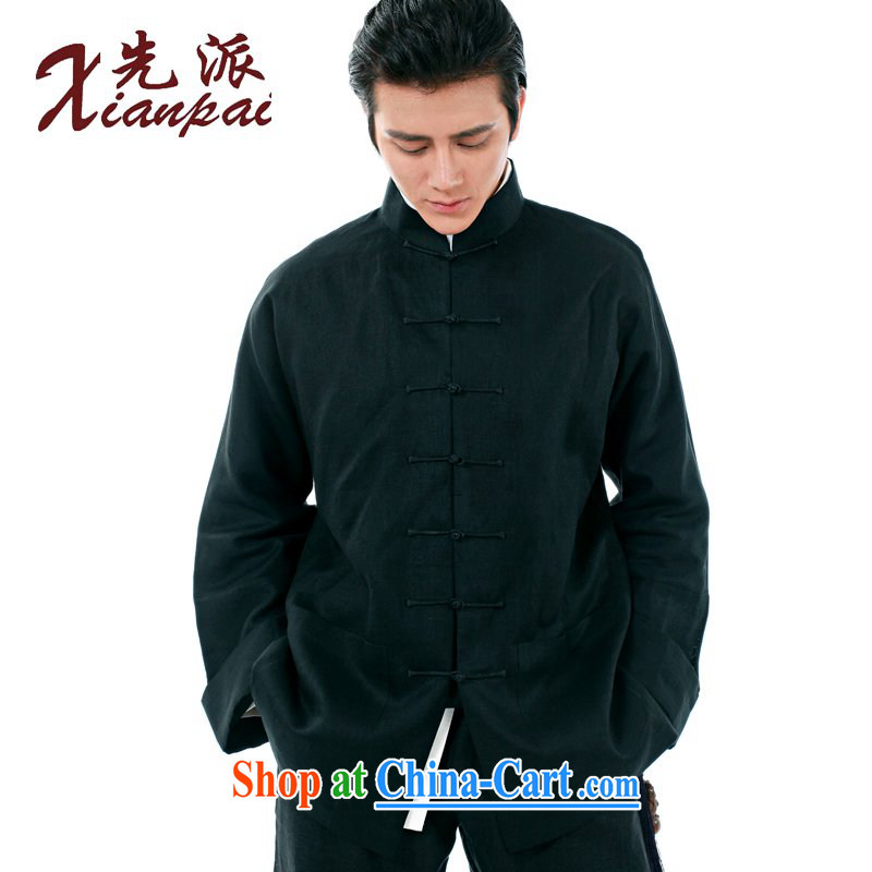 To send new spring and summer Chinese men and Chinese linen long-sleeved T-shirt and stylish tray snap jacket, coat on Father's Day Gift retro-cuff Ethnic Wind leisure loose XL Black linen long-sleeved, Yi 4 XL take 3 Day Shipping, first (xianpai), online