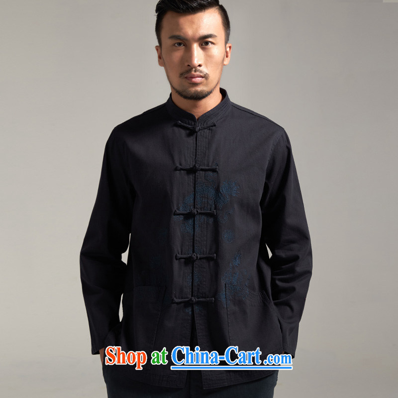 De wind turbine hall of fall 100% Cotton Men's Chinese Chinese wind long-sleeved 2015 autumn new Chinese clothing dark blue 4 XL/185, de-tong, and shopping on the Internet