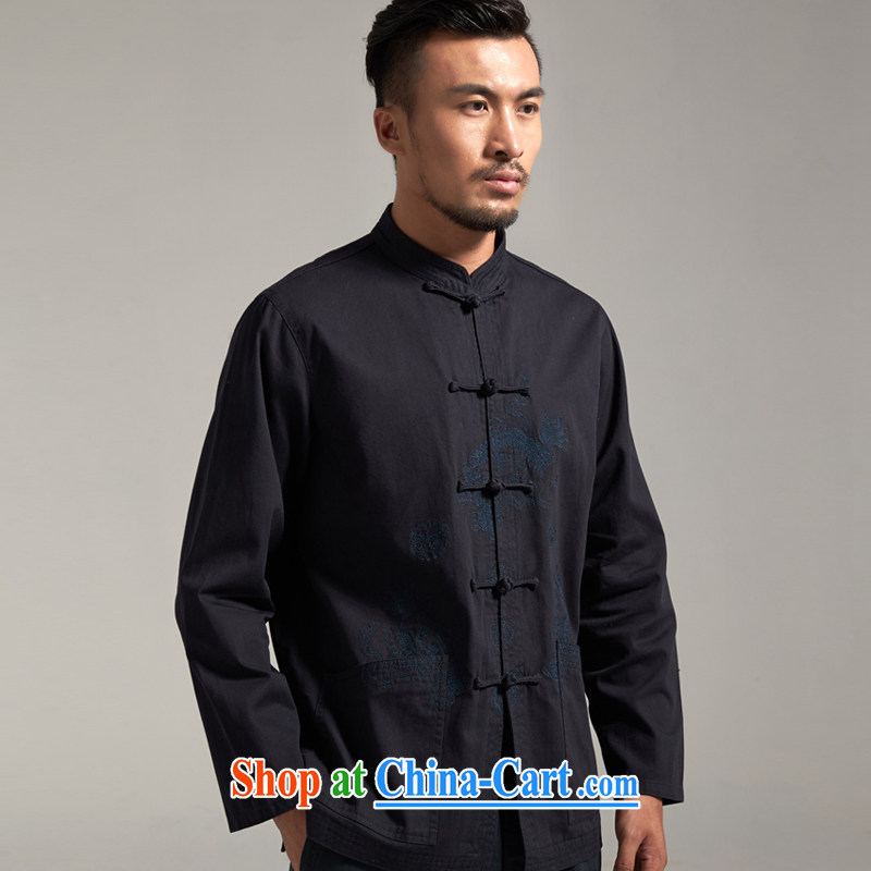 De wind turbine hall of fall 100% Cotton Men's Chinese Chinese wind long-sleeved 2015 autumn new Chinese clothing dark blue 4 XL/185, de-tong, and shopping on the Internet