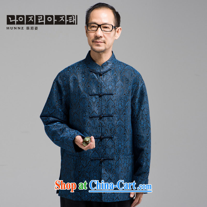 Products HANNIZI new and classic embroidery Chinese Tang in older men, long-sleeved clothing jacket and collar-buckle clothing dark blue XXXL