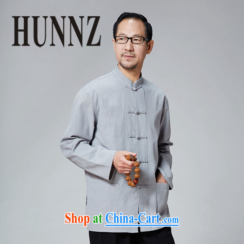 Name HUNNZ, New China, classical Chinese old muslin-buckle up for long-sleeved solid color jacket father with light blue 190, HUNNZ, shopping on the Internet