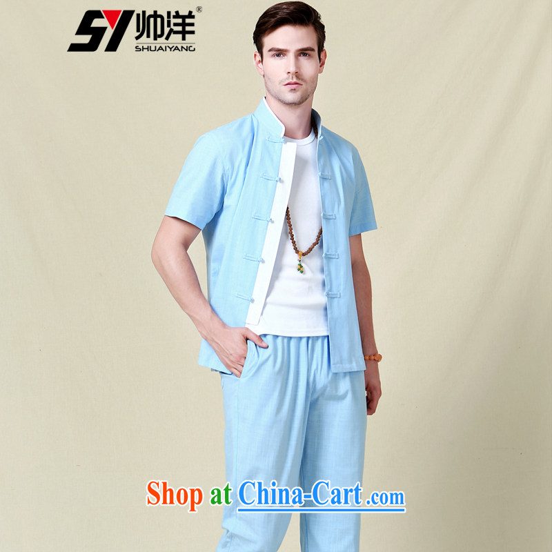 cool ocean 2015 men's Chinese Kit Chinese, for the charge-back clothing China wind national costumes short-sleeved fitted pants blue _short-sleeved pants kit_ 170_M