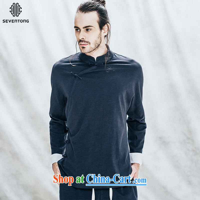 Fujing Qipai Tang China wind men's knitted a tight T-shirt retro, for improved long-sleeved Chinese cotton solid color improved Han-men's autumn light jacket original national costumes blue XL pre-sale a week,