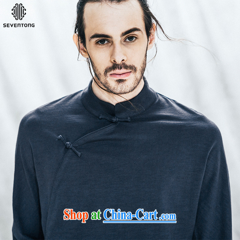 Fujing Qipai Tang China wind men's knitted a tight T-shirt retro, for improved long-sleeved Tang with pure cotton solid color improved, served both men and autumn light jacket original national costumes blue XL pre-sale a week, Fujing Qipai Tang (Design s