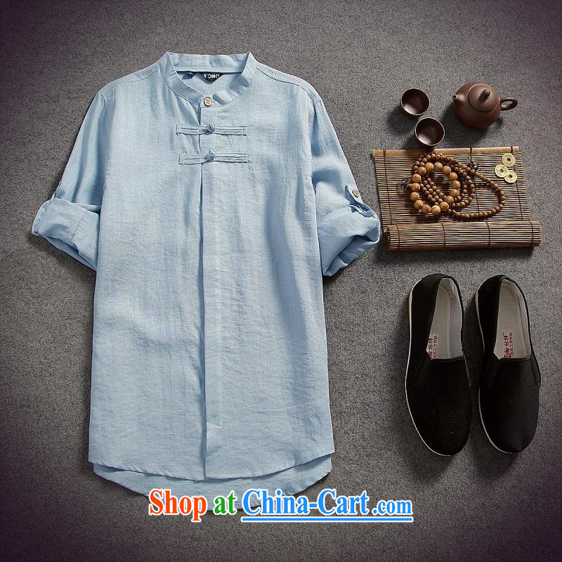 Dan Jie Shi 2015 New National wind Chinese men and cotton the linen shirt men and the charge-back 7 sleeveless original casual chic and comfortable hands-free ironing blue L