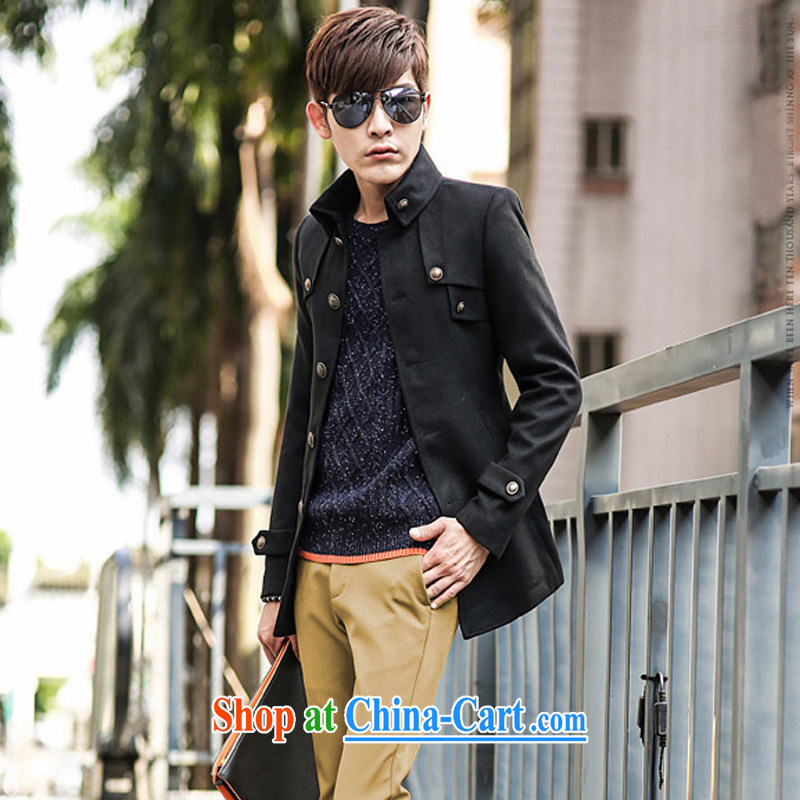 Dan Jie Shi 2015 new autumn and winter New Men's hair coat is Korean version in cultivating long single row tie smock jacket youth with casual style and comfort black 2 XL