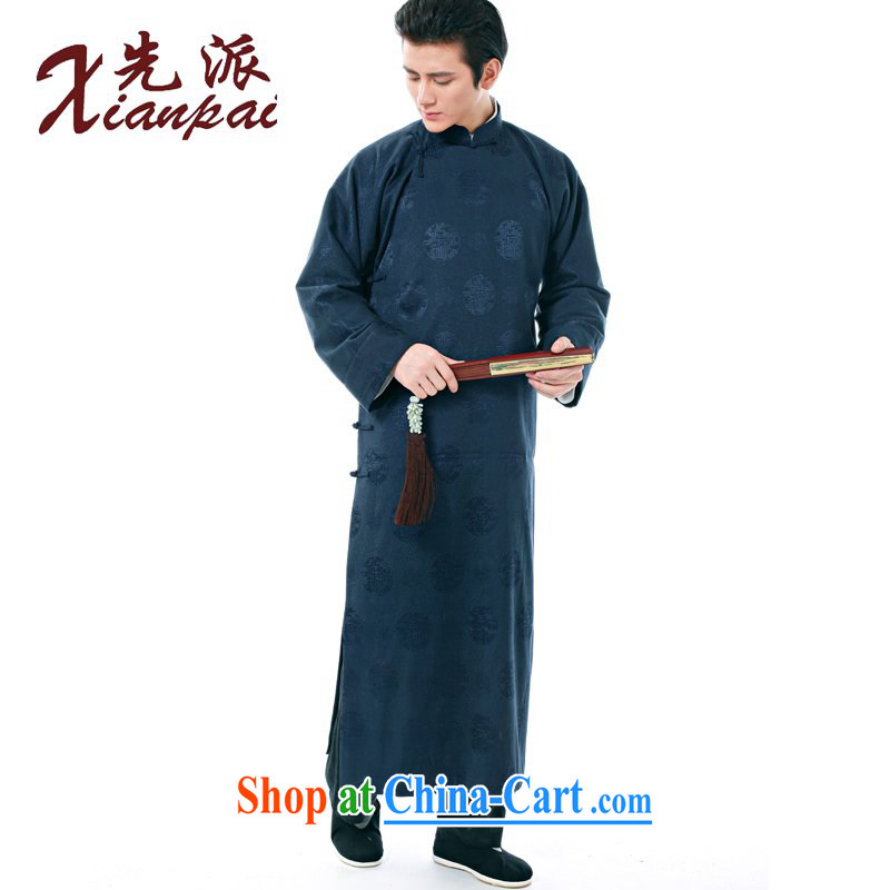 First Spring New Products Chinese men's high-end dress gown dress comic dialog Chinese Cheongsams stylish Chinese wind older long-sleeved double-shoulder retro traditional XL blue circle robe XXL new pre-sale 5 Day Shipping, to send (xianpai), online shop
