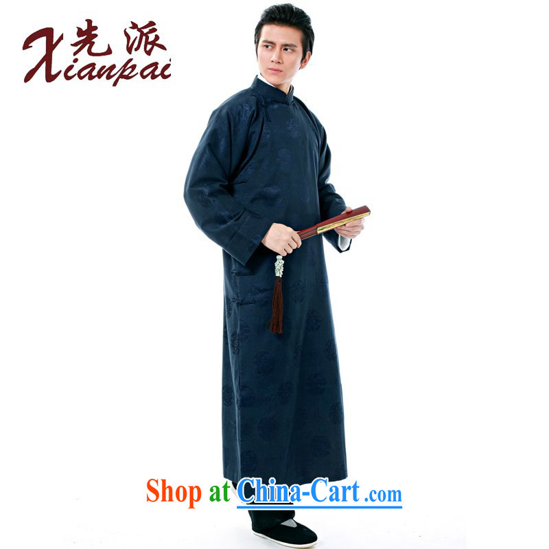 First Spring New Products Chinese men's high-end dress gown dress comic dialog Chinese Cheongsams stylish Chinese wind older long-sleeved double-shoulder retro traditional XL blue circle robe XXL new pre-sale 5 Day Shipping, to send (xianpai), online shop