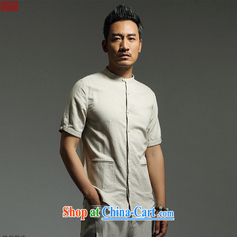 Internationally renowned Chinese new, men's linen shirt Chinese male cotton mA short-sleeved shirts and stylish, for leisure 2015 summer wear solid color half sleeve beige 190
