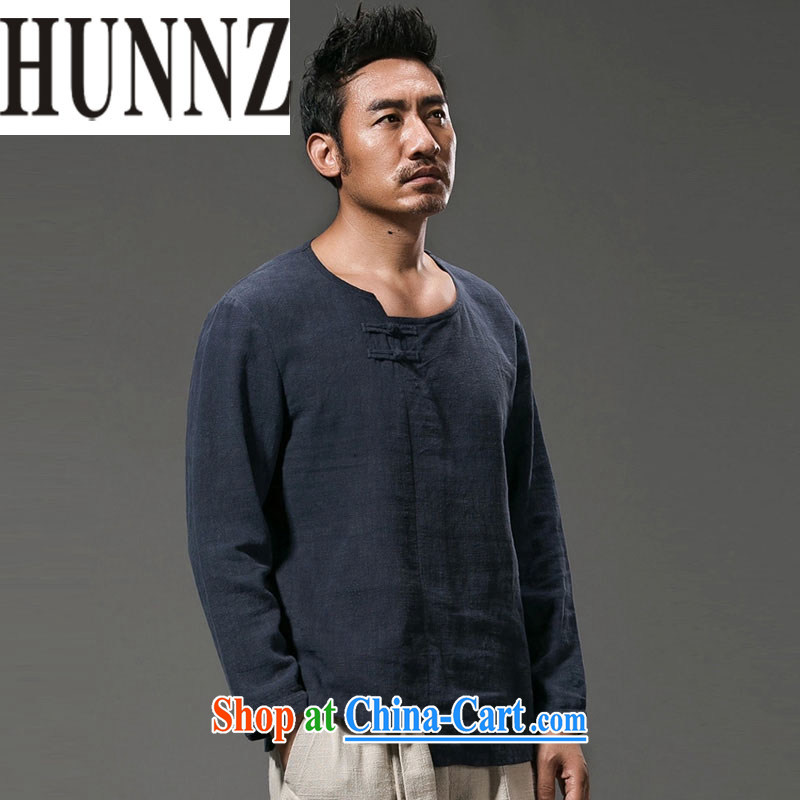 Products HUNNZ China wind men's long-sleeved T-shirt and improved Chinese male and the stylish Han-ethnic wind T-shirt dark blue XXXXL