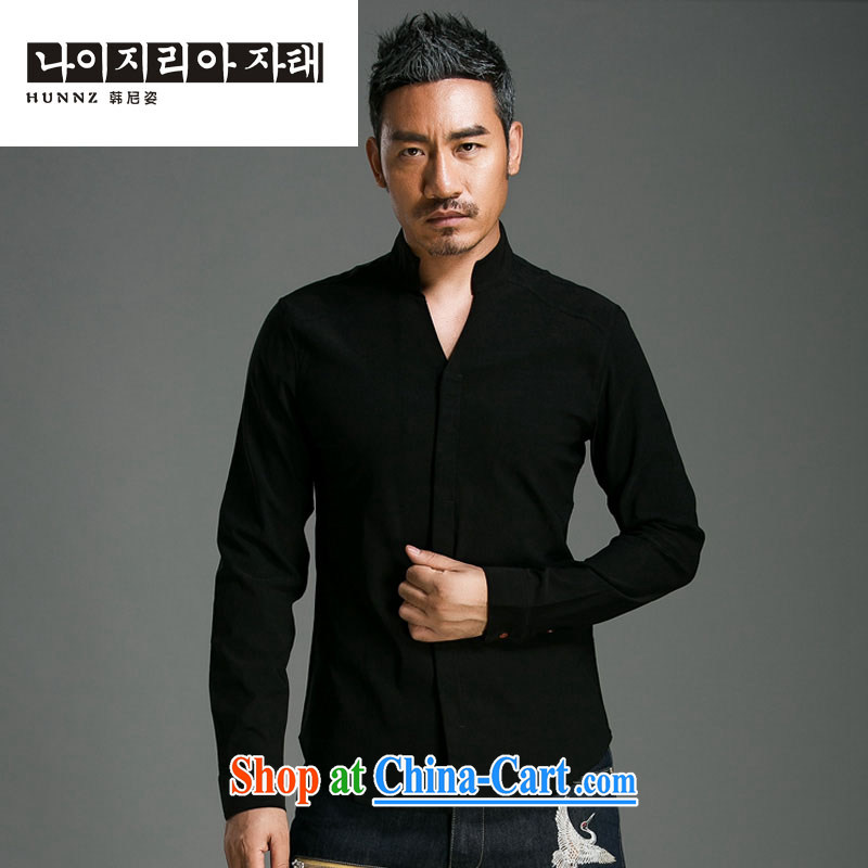 Products HANNIZI China wind shirt men's linen solid-colored long-sleeved style China wind Chinese T-shirt Ethnic Wind men's black XXXL too small a code
