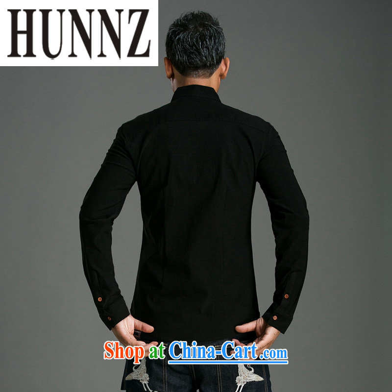 Products HUNNZ China wind shirt men's linen solid color long-sleeved style China wind Chinese T-shirt ethnic wind male black XXL small a code, HUNNZ, shopping on the Internet