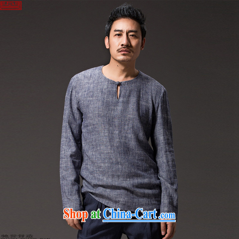Internationally renowned Chinese clothing Chinese wind male T shirts spring loaded long-sleeved ethnic wind linen men's Chinese T-shirt casual relaxed solid shirt 56 dark gray 4 XL, internationally renowned (chiyu), online shopping