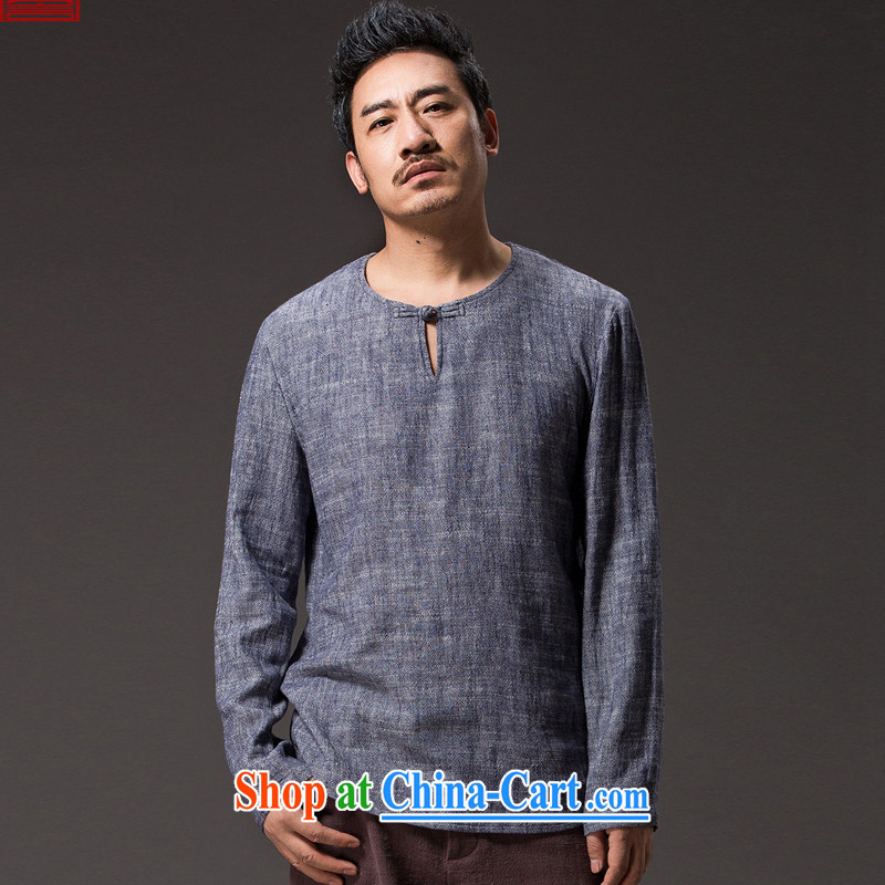 Internationally renowned Chinese clothing Chinese wind male T shirts spring loaded long-sleeved ethnic wind linen men's Chinese T-shirt casual relaxed solid shirt 56 dark gray 4 XL, internationally renowned (chiyu), online shopping