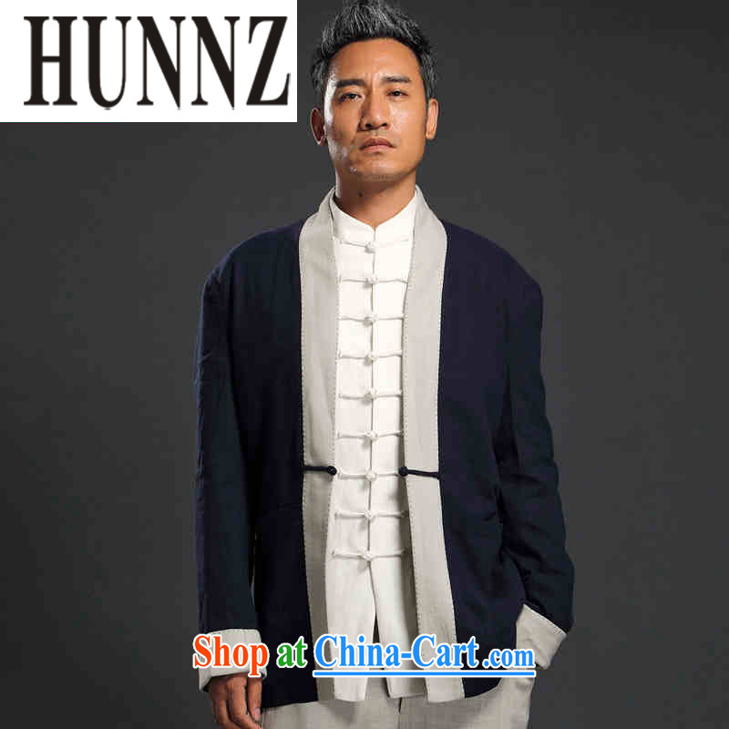 Products HUNNZ China wind linen, long-sleeved clothes and long-sleeved shirts on improved Chinese T-shirt Chinese Antique large normal men's dark blue XXXL