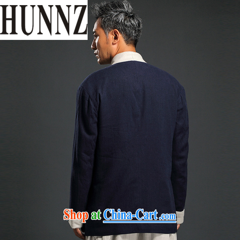 Products HUNNZ China wind linen, long-sleeved clothes and long-sleeved shirts on improved Chinese T-shirt Chinese Antique large normal men's dark blue XXXL, HUNNZ, shopping on the Internet