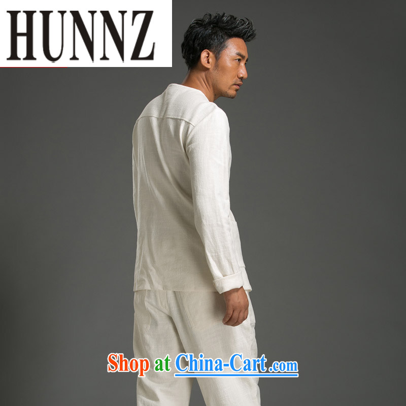 Products HUNNZ minimalist men's long-sleeved Kit China wind plain-colored Chinese classical Chinese Kung Fu T-shirt with cotton Ma Sau San white XXL, HUNNZ, shopping on the Internet