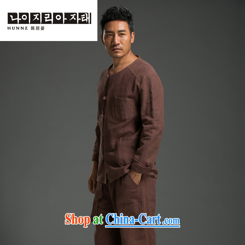 Products HANNIZI minimalist men's long-sleeved Kit China wind plain-colored Chinese classical Chinese Kung Fu T-shirt with cotton Ma Sau San maroon XXL