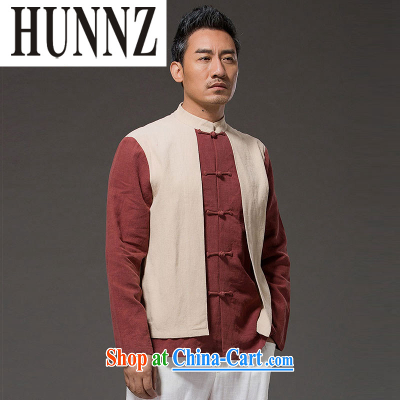 Products HUNNZ new Chinese wind leave of two, cultivating men's long-sleeved clothes, linen and stylish spell color-charge-back the collar T-shirt yellow XXXL, HUNNZ, shopping on the Internet