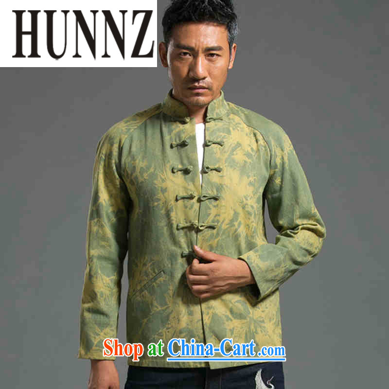 Products HUNNZ stylish denim Tang replace streaking China wind Chinese leisure-detained national long-sleeved jacket men's T-shirt green XXL, HUNNZ, shopping on the Internet