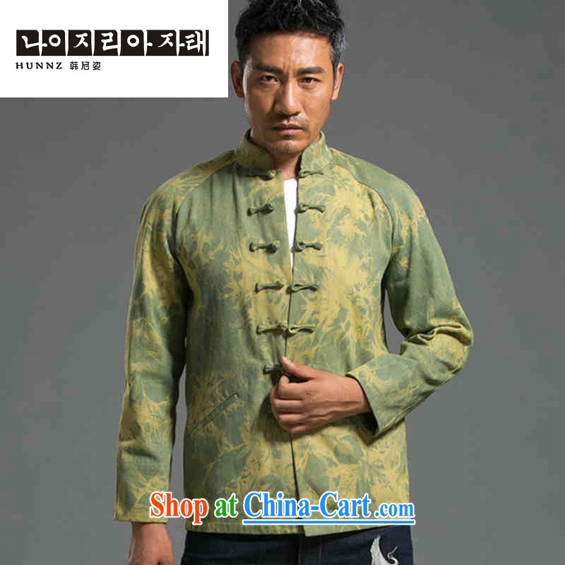 Products HANNIZI stylish denim Tang replace streaking China wind Chinese leisure-detained national long-sleeved jacket men's T-shirt green XXL