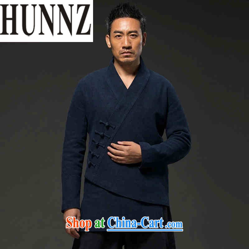 Products HUNNZ men's natural classic cotton Ma Tang with long-sleeved improved Han-Hermit spiritual practice serving loose the tight T-shirt dark blue XXXL