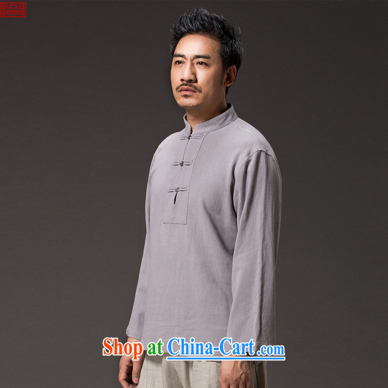 Internationally renowned Chinese clothing Chinese style Chinese men's long-sleeved shirt T autumn loose men's linen shirt Solid Color cotton the shirt and the tie dark blue 4 XL, internationally renowned (chiyu), online shopping