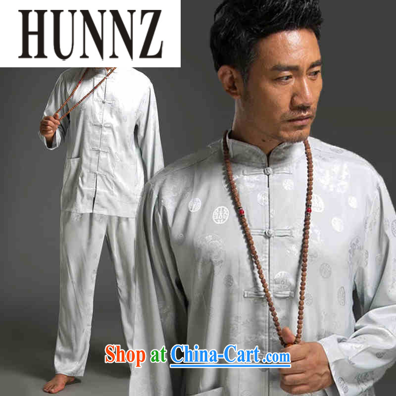 Products HUNNZ Chinese style Chinese men and long-sleeved Kit simple men's T-shirt, collar-tie Chinese classical Han-white XXXXL