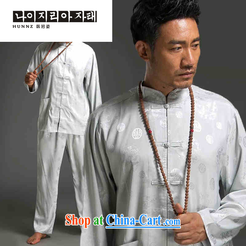 Products HANNIZI Chinese style Chinese men and long-sleeved Kit simple men's T-shirt, collar-tie Chinese classical Han-white XXXL