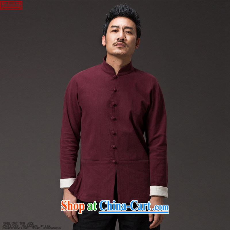 Internationally renowned Chinese clothing Chinese style Chinese men's long-sleeved jacket autumn linen shirt men's loose cotton the male Chinese-tie Solid Color dark blue 4 XL, internationally renowned (chiyu), online shopping