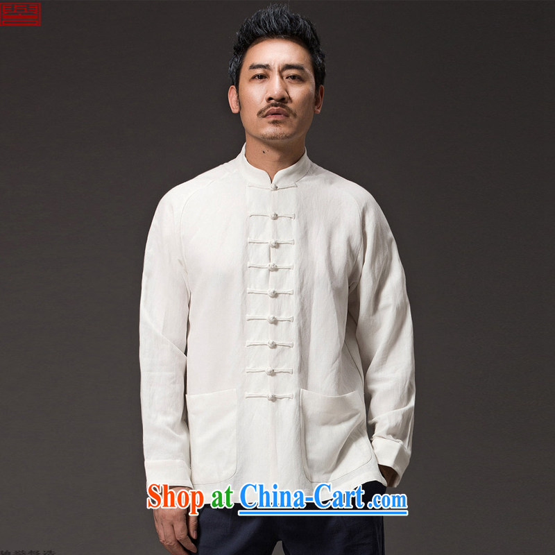 Internationally renowned Chinese clothing men's Chinese long-sleeved sweater, white collar autumn China wind men's T-shirt linen new cotton Ma Han-male white 4 XL, internationally renowned (chiyu), shopping on the Internet