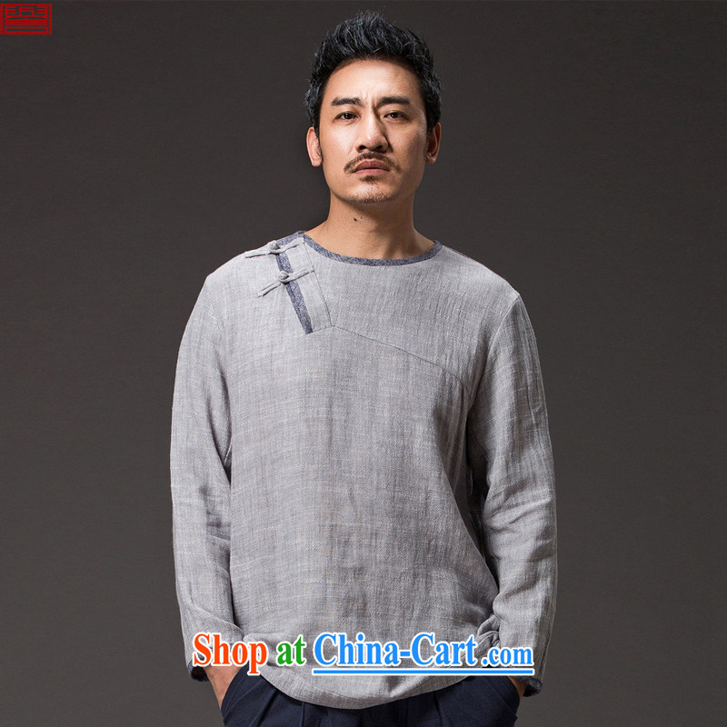 Internationally renowned Chinese clothing Ethnic Wind men's long-sleeved shirt T round-collar linen Chinese T-shirt-tie spring male Han-Chinese features 36 light gray 4 XL
