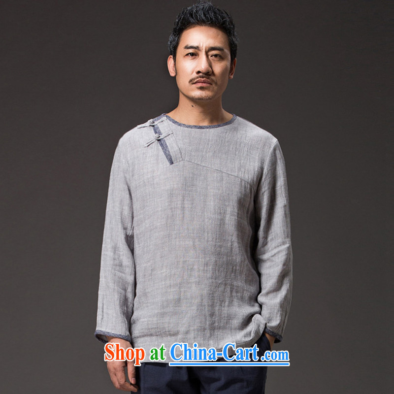 Internationally renowned Chinese clothing Ethnic Wind men's long-sleeved shirt T round-collar linen Chinese T-shirt-tie spring male Han-Chinese features 36 light gray 4 XL, internationally renowned (chiyu), online shopping