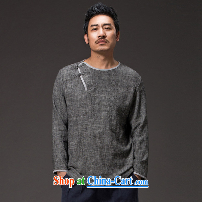 Internationally renowned Chinese clothing Ethnic Wind men's long-sleeved shirt T round-collar linen Chinese T-shirt-tie spring male Han-Chinese features 36 light gray 4 XL, internationally renowned (chiyu), online shopping