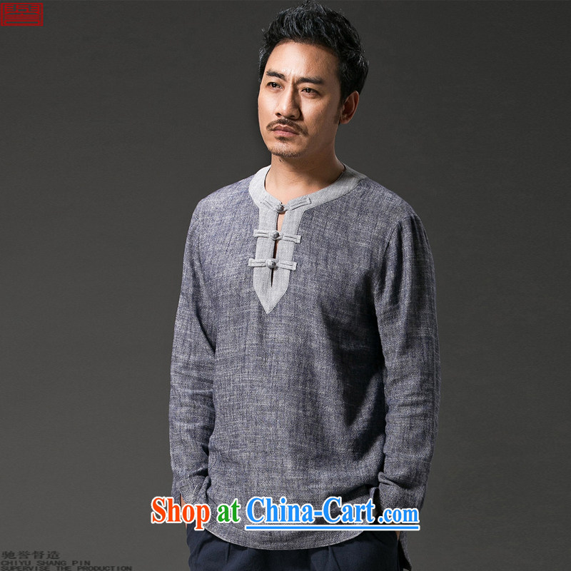 Internationally renowned Chinese clothing fall on men and long-sleeved T-shirt men's Autumn Chinese wind linen clothes V collar-tie Chinese men's cotton the retro style dark gray 3 XL, internationally renowned (chiyu), online shopping