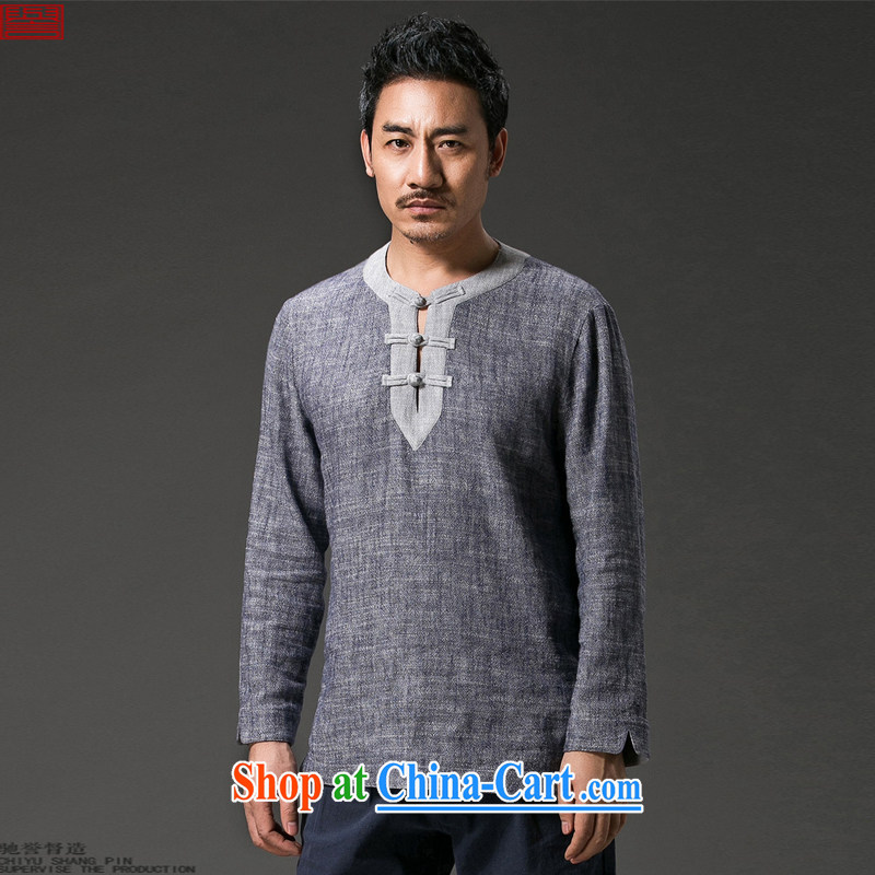 Internationally renowned Chinese clothing fall on men and long-sleeved T-shirt men's Autumn Chinese wind linen clothes V collar-tie Chinese men's cotton the retro style dark gray 3 XL, internationally renowned (chiyu), online shopping