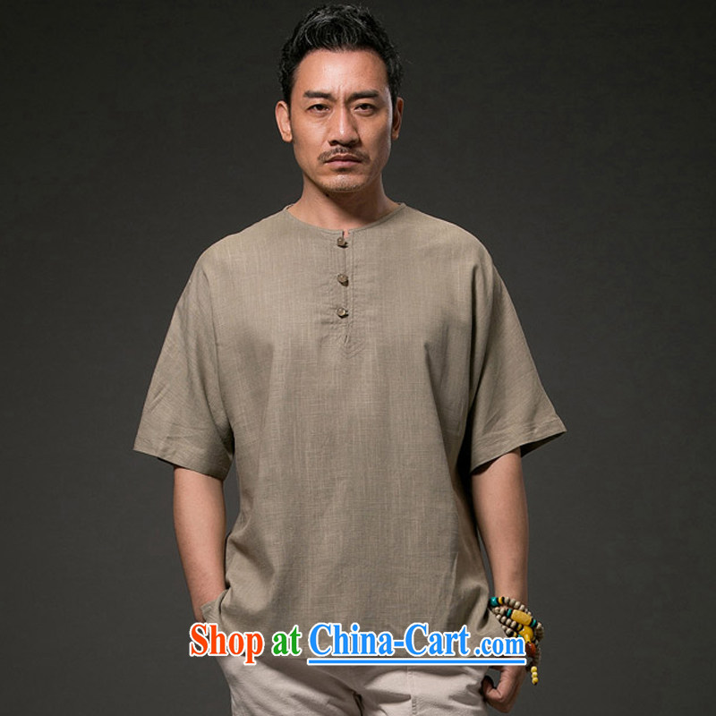 Internationally renowned Chinese clothing Chinese wind summer men's antique linen T pension 2015 leisure T pension round-collar cotton Ma short-sleeved solid-colored T-shirt and brown 4 XL