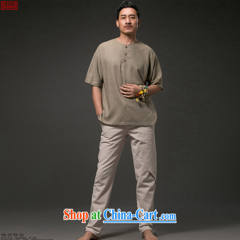 Internationally renowned Chinese clothing Chinese wind summer men's antique linen T pension 2015 leisure T pension round-collar cotton Ma short-sleeved solid-colored T-shirt and brown 4 XL, internationally renowned (chiyu), online shopping