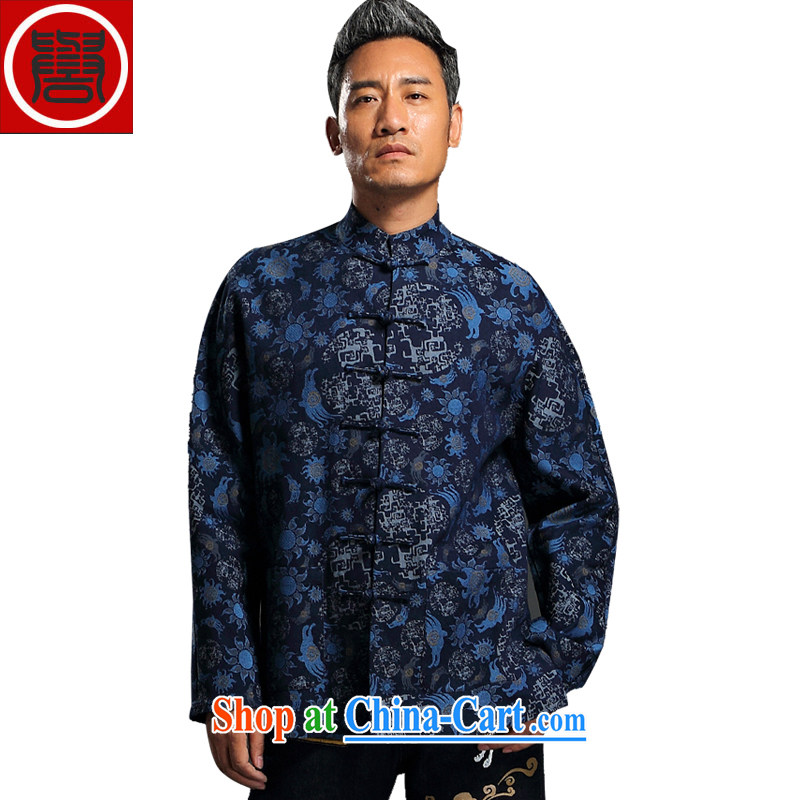 Internationally renowned Chinese wind embroidery autumn and winter Chinese men and Han-men's knitted denim shirt jacket and smock for national dress jacket and blue L