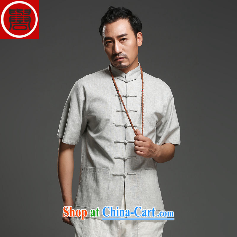 Internationally renowned Chinese clothing Chinese wind men's Chinese short-sleeved shirt linen summer Chinese pure ethnic wind and the older half sleeve 2015 dark gray 2 XL, internationally renowned (chiyu), online shopping