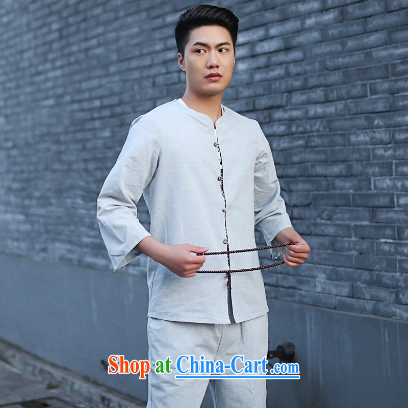 Bin Laden smoke new male Chinese Kit Chinese small, cotton for the retro ethnic wind 7 cuff Kung Fu shirt Light Blue Kit 2 XL