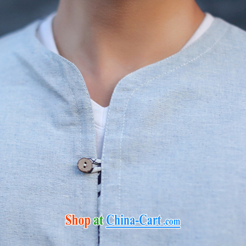 Take the new male Chinese Kit Chinese small, cotton for the retro Ethnic Wind 7 cuff kung fu T-shirt light blue 2 XL, figure, and, shopping on the Internet