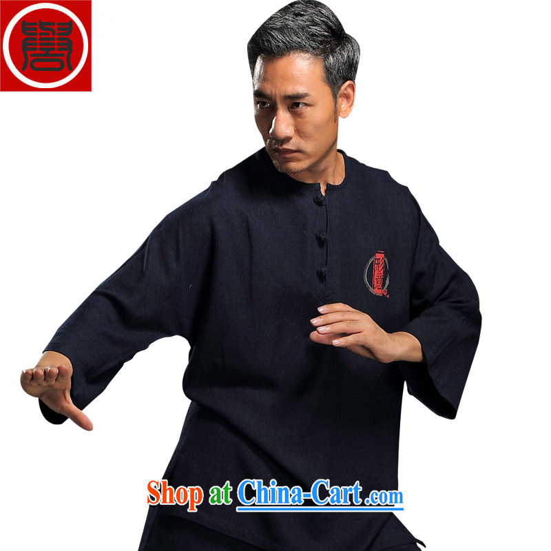 Internationally renowned flax men Chinese Kit kung fu T-shirt hand-tie Chinese ethnic Han-loose Tai Chi uniforms and Kit dark blue XXXL