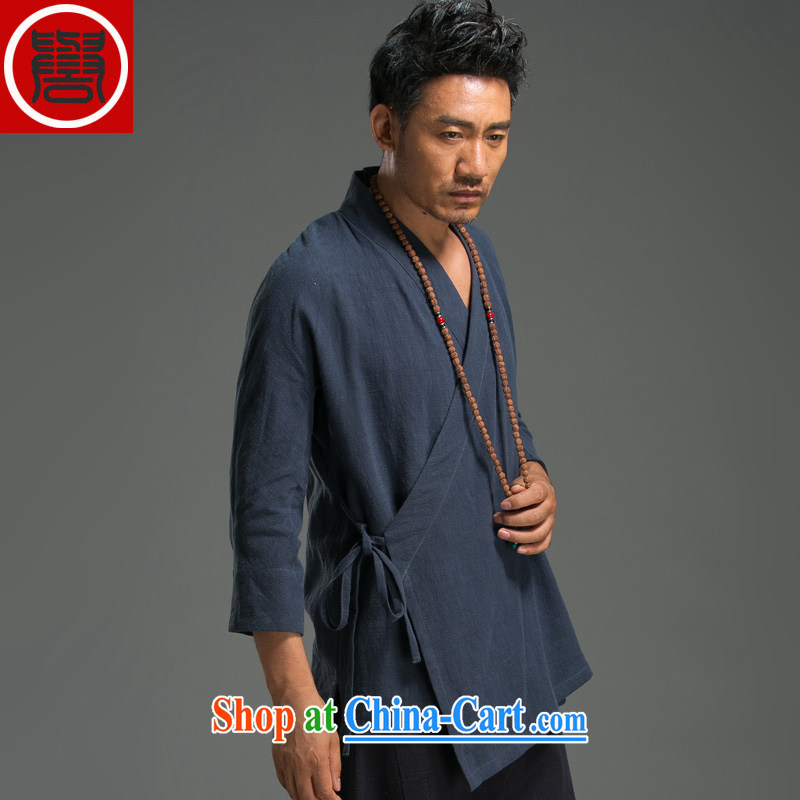 Internationally renowned Chinese clothing Chinese wind spring and summer men's cotton the Tang 7 sub-cuff improved Han-Nepal spiritual loose the tight T-shirt 9157 dark blue are code